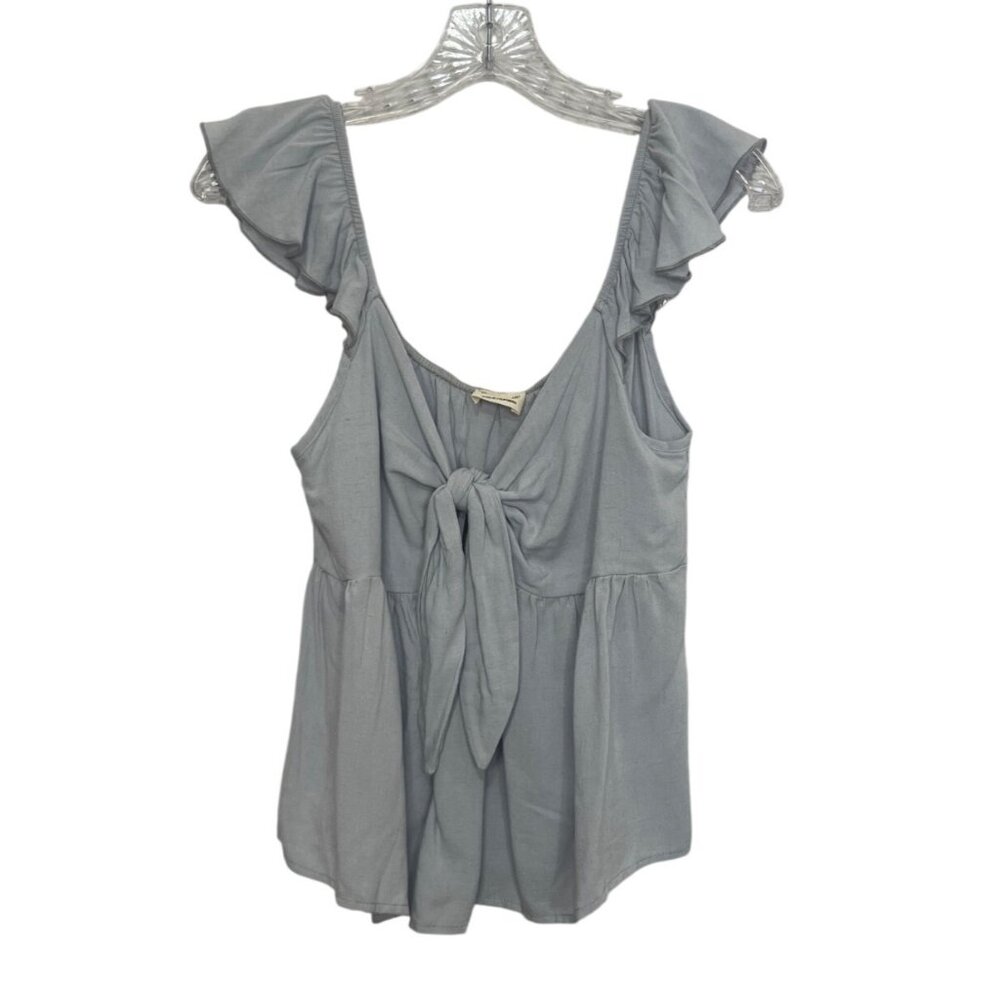 Peach Love Elegant Babydoll Top Large Slate Gray New WOT Ruffle Sleeve Tie Front